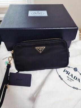 Prada Black Nylon Wristlet with Gold-Tone Logo